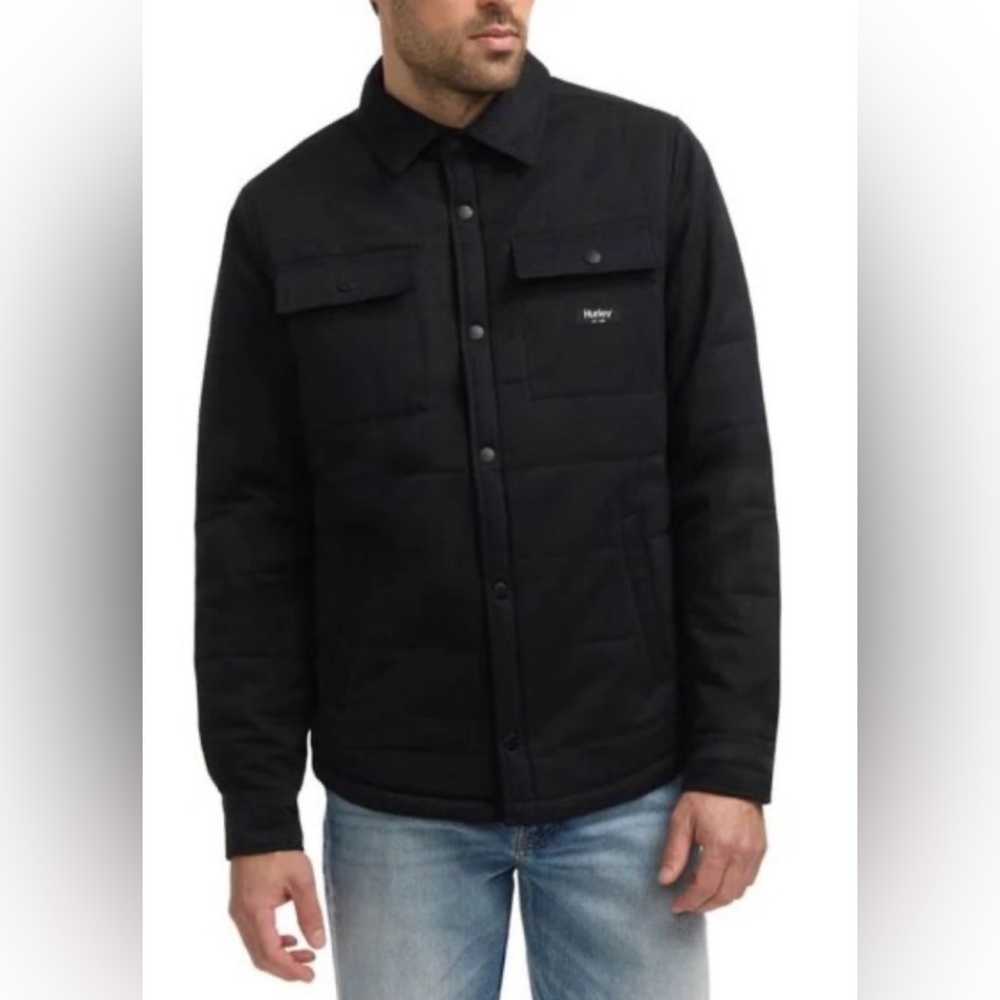Hurley Work Black Shirt Jacket Men’s L Fleece Lining Pockets Snap Front NEW